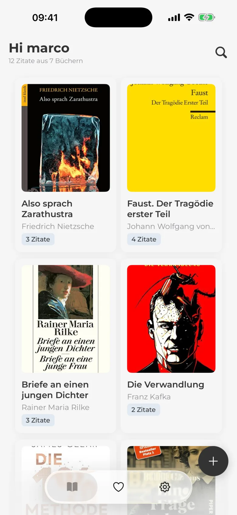 Wisdom Bücherübersicht im iPhone Mockup: gespeicherte Bücher mit Covern und Zitatanzahl