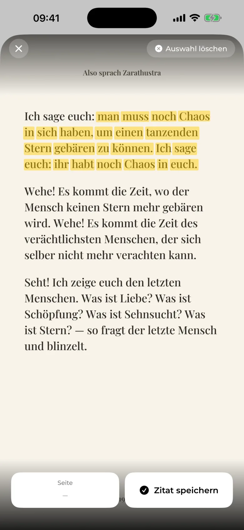 Wisdom Scan-Ansicht: markierte Wörter auf einer fotografierten Buchseite werden zu einem Zitat